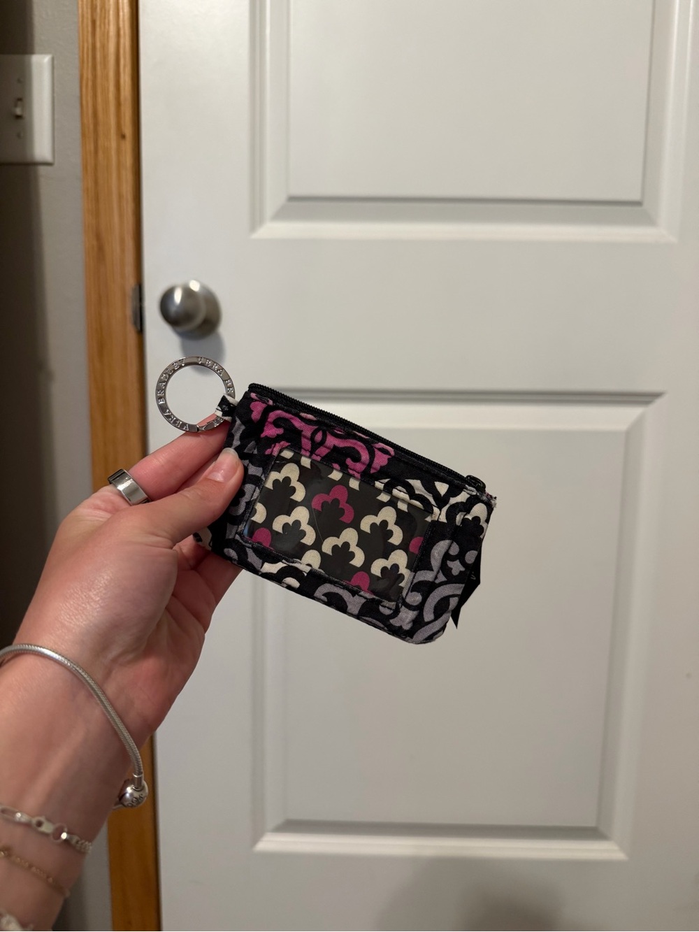 Vera Bradley Black, Pink & Gray Patterned Coin Pouch with Keyring